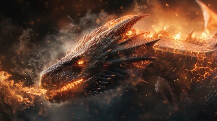 Poster - A detailed dragon breathing fire on a transparent background