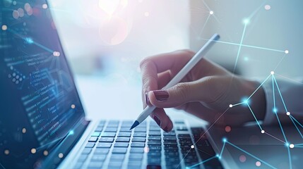 A hand using a stylus on a laptop screen to approve a digital document, exemplifying modern office technology