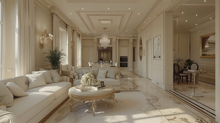 Wall Mural - Luxurious living room design, featuring a captivating glimpse of the kitchen.