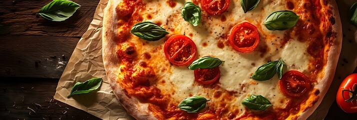 Poster - classic margherita pizza topped with sliced red tomatoes and green leaves on a wooden table