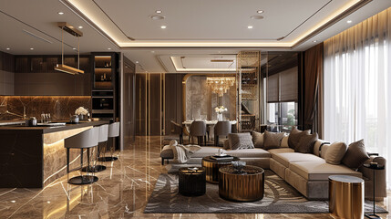 Wall Mural - Luxurious living room, seamlessly integrated with the modern kitchen space.