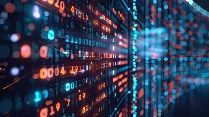 Computer screen displaying digital transformation analytics with binary code