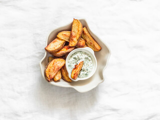 Wall Mural - Baked potatoes with tzadziki sauce on a light background, top view