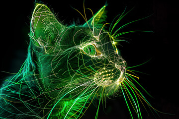 Wall Mural - cute cat animal, neon, cyberpunk, futuristic, black background, 3d rendering