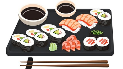 Wall Mural - exotic sushi platter with chopsticks and a cup of coffee on a transparent background, accompanied by an orange fish
