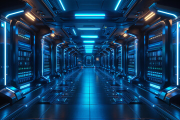 Wall Mural - modern futuristic server room with blue neon lights, featuring a futuristic and high-tech design with highly detailed elements. abstract technology background of a futuristic digital server room