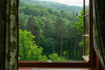 Wall Mural - Views from a hotel window to a green forest for vacation travel, revealing a verdant forest vista inviting relaxation and leisure, attracting tourists