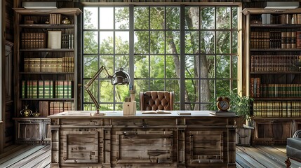 rustic home office with a large wooden desk