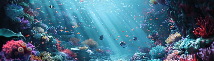 Vivid underwater scenery with colorful coral reefs and fish swimming, illuminated by sunlight streaming through the ocean waters.