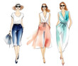 © DP - Trending summer fashion illustrated in vibrant watercolor style, showcasing elegant women’s outfits