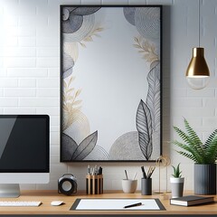 Wall Mural - A computer on a desk with poster empty white in work working home style interior set design office home optimized engaging professional.