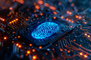 Wall Mural - blue digital glowing fingerprint on circuit board background. technology concept for security system or biometric