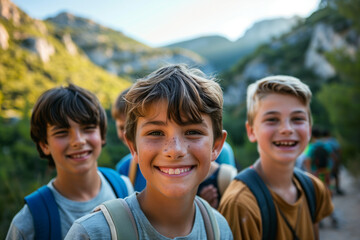 Wall Mural - Kids friends smiling in nature at summer camp, having fun amidst the outdoor forest activities, with tents dotting the campsite and nature's majesty all around them