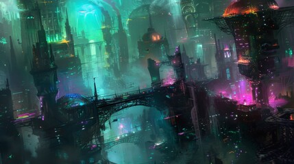 Wall Mural - A breathtaking futuristic cityscape with vibrant neon lights, towering skyscrapers, and a mesmerizing cyberpunk aesthetic, shrouded in mystery.