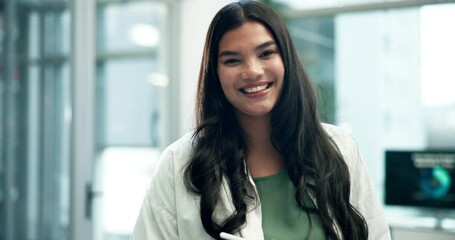 Poster - Smile, face and woman with tablet and pen in office for creative branding project with art. Happy, portrait and female graphic designer from Thailand working on digital technology in workplace.