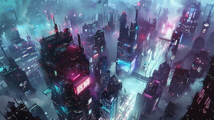 Wall Mural - A mesmerizing depiction of a futuristic city with neon lights and towering skyscrapers enveloped in mist, setting a cyberpunk atmosphere.