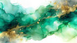 © Matan - Vector watercolor repetition liquid flow in green colors with gold glitters. Vector contrast alcohol ink grunge abstract background. Benner design template