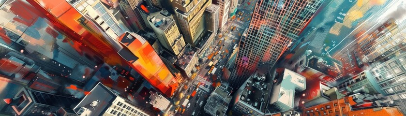 Wall Mural - A vibrant aerial view of a bustling cityscape, showcasing tall skyscrapers and colorful buildings in an urban environment.