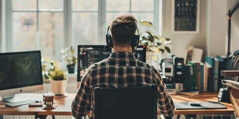 Man working on computer. Bussines man working with AI holograms connected with devices. future technology of business concept