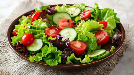 Wall Mural - green salad with sliced cucumber and red tomato in a wooden bowl