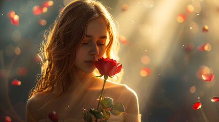 Wall Mural - A young woman holding a single red rose, with a backdrop of falling petals and soft light rays