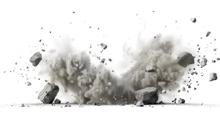 A large dust cloud bursts from the ground with large rocks flying through the air