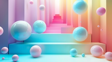 Wall Mural - 3D rendering. Pink, blue and yellow pastel colors. Geometric shapes. Floating spheres. Staircases. Abstract background.