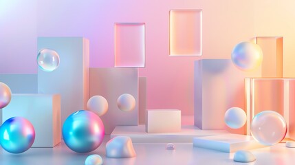 Wall Mural - 3D rendering of a surreal abstract scene with floating geometric shapes and spheres in pastel colors against a gradient background.
