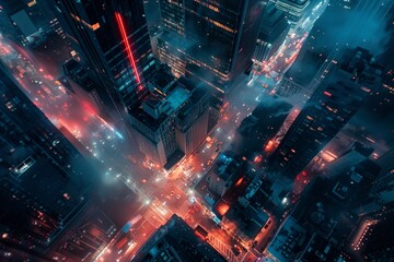 Wall Mural - Aerial view of a vibrant cityscape at night with glowing lights and skyscrapers, capturing the energy and buzz of urban life.