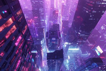 Wall Mural - Aerial view of a vibrant cyberpunk cityscape with glowing neon lights and towering skyscrapers, creating a futuristic urban scene.