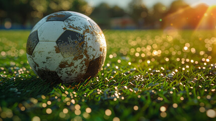 ball on the green field in soccer stadium. ready for game in the midfield - soccer ball close-up.