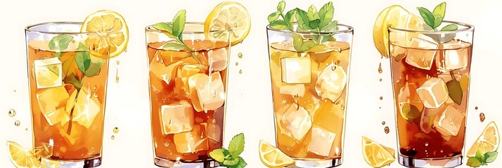 Wall Mural - refreshing iced tea with lemon slices and mint leaves in a tall glass, garnished with a green leaf