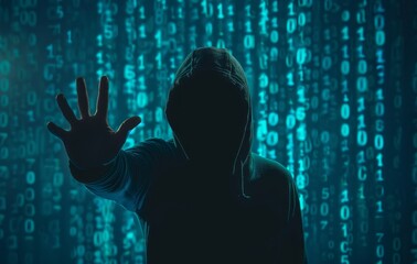 Hacker silhouette in hood, hand up to camera with binary code on background