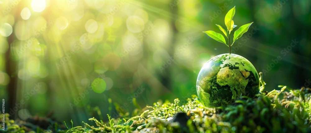 A glass earth globe sits on a bed of moss, with a new green sprout ...