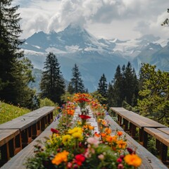 Wall Mural - Photo of a long grey table with colorful flowers in front 
