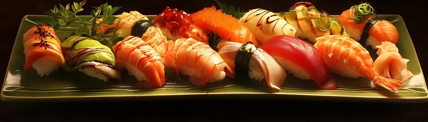 Wall Mural - sushi platter with salmon, carrots, and cucumber on a green plate, accompanied by a red pepper, on a wooden table
