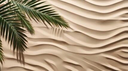 Wallpaper of palm tree shadows on the sand. Sand texture. Sandy beach with palm shadow for product background. Top view. Palm leaf shadow on a sand