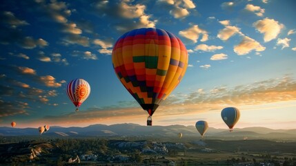 A group of hot air balloons are flying in the sky over a beautiful landscape
