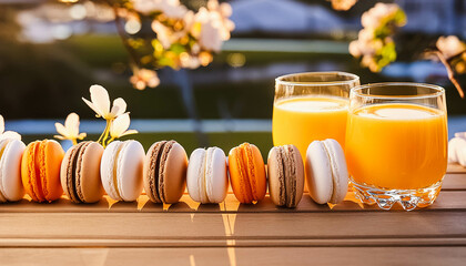 two glasses of fresh orange juice and orange, white, brown macaroons on brown wooden table on white flowers background, sunny day