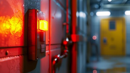 Close-up of industrial security alarm system with vibrant red light in a modern facility hallway, illustrating safety and alertness.