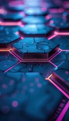 Poster - Hexagonal pattern illuminated by neon lights, creating a vibrant and futuristic 3D effect. Ideal for tech or sci-fi themed backgrounds.