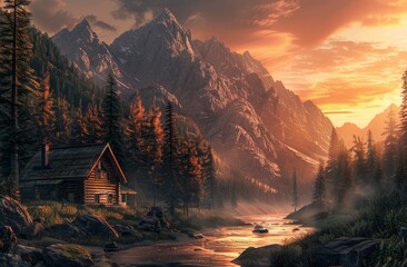 Wall Mural - Rustic cabin nestled in the heart of nature 