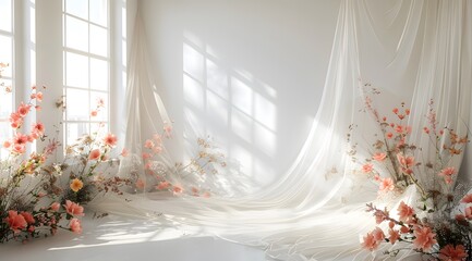 White room with large windows, transparent flying tulle and exotic flowers. Wedding banner background with copy space.