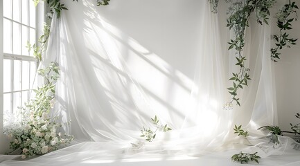 Wall Mural - White room with large windows, transparent flying tulle and exotic flowers. Wedding banner background with copy space.