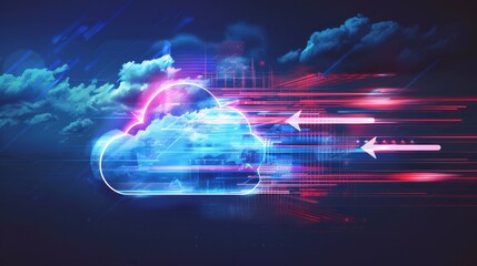 Wall Mural - Futuristic cloud computing concept with neon colors and fast data transfer representing technology and innovation in digital networks.