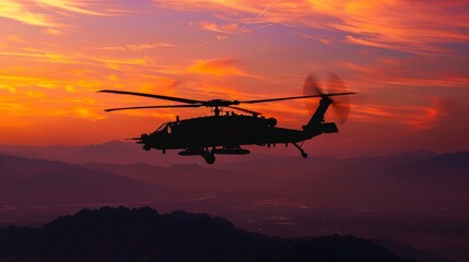 Canvas Print - A helicopter is flying over a mountain range at sunset