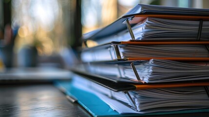 Closeup office desk with work papers and document background