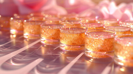 banner serum in petri dishes on light beige background cosmetic research concept.