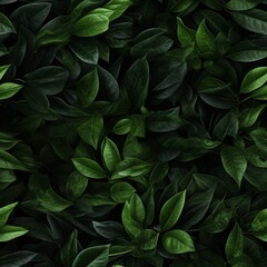 Wall Mural - Seamless pattern features an array of green leaves set against a dark background.