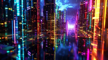 Wall Mural - Futuristic cyberpunk cityscape with vibrant neon lights, reflecting on water. A visually striking, technologically advanced urban scene.